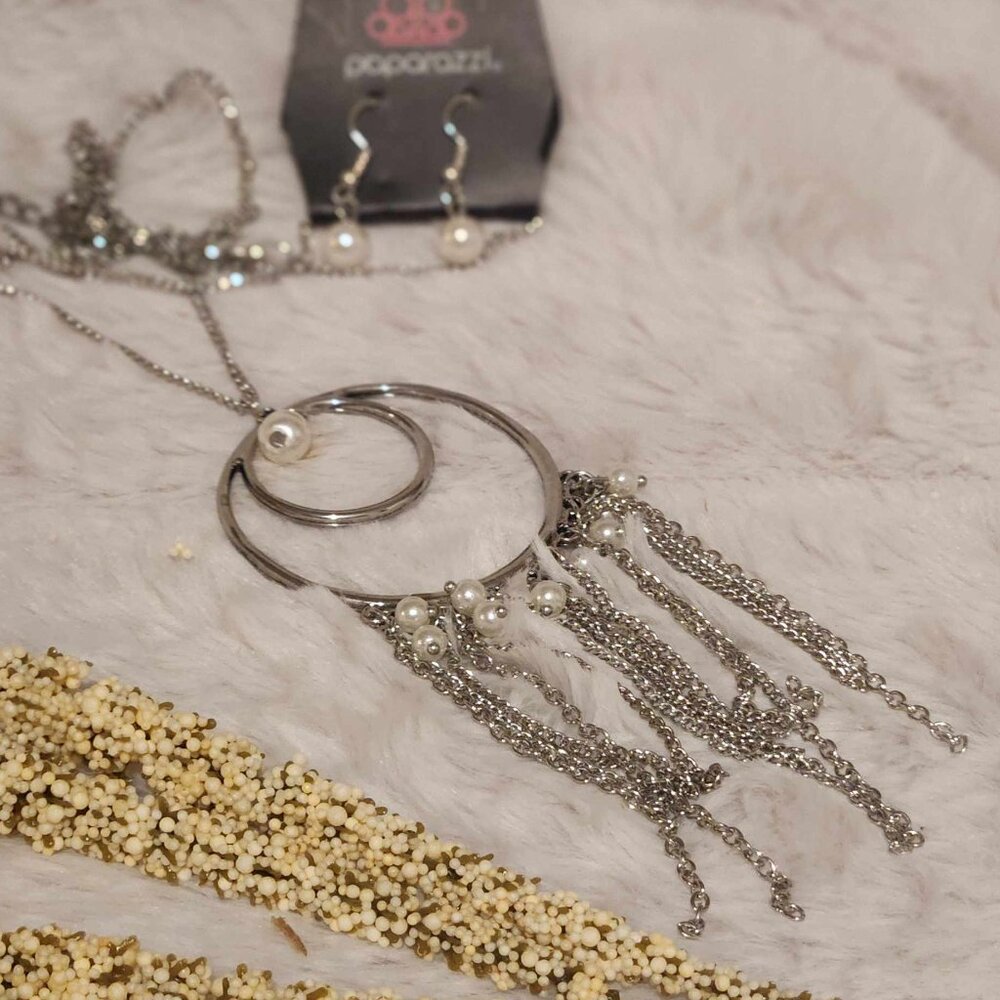 Paparazzi Necklace and Earrings Set With Chains and Faux Pearls